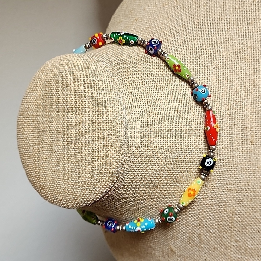 Glass Bead Necklace Choker Boho 3-D Design Toggle Clasp Colorful Floral Design